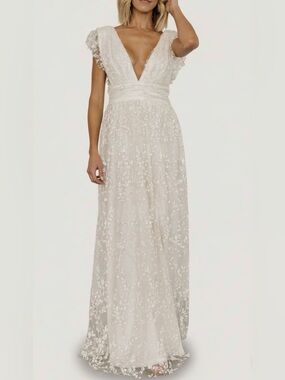 Baltic Born Embroidered Flutter Sleeve Deep V-Neck Gown Cream